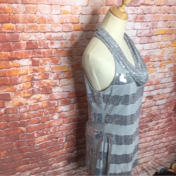 White House Black Market Gray and Silver Sequined Cowl Neck Sleeveless Blouse - Picture 3 of 8